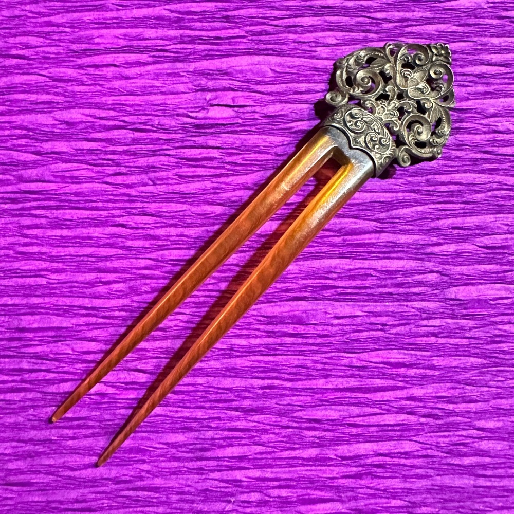 Antique Celluloid & Silver Hair Pick